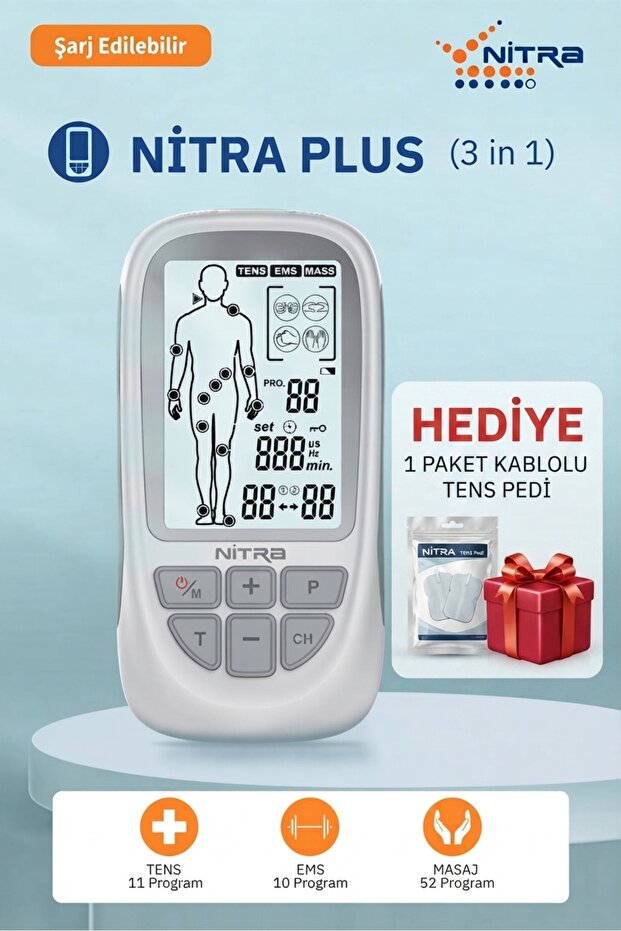 NitraPlus Şarj Edilebilir Bataryalı 2 Kanallı Dijital Portatif Tens Ems Masaj Cihazı Fizik Tedavi Tens Cihazı 73 Programlı